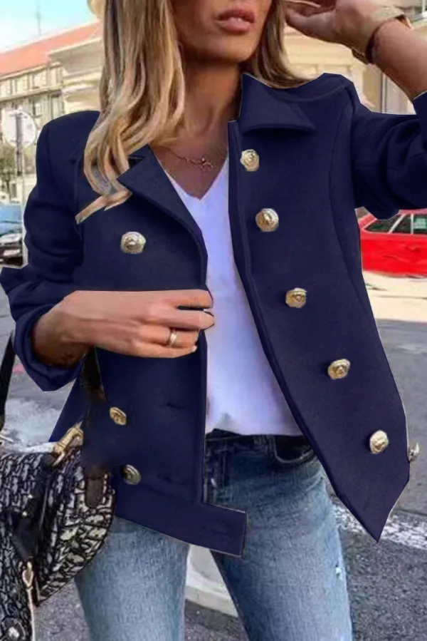 Solid Double Breasted Suit Collar Coat