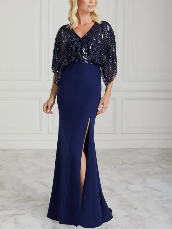 V-neck sequined solid color long dress
