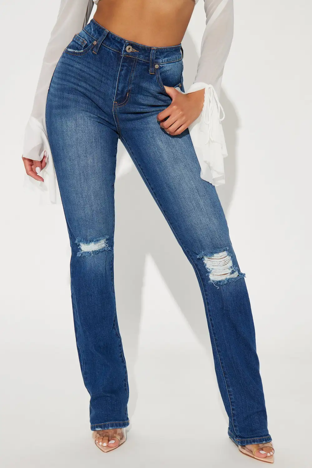 Down To Business Stretch Ripped Bootcut Jeans - Medium Wash