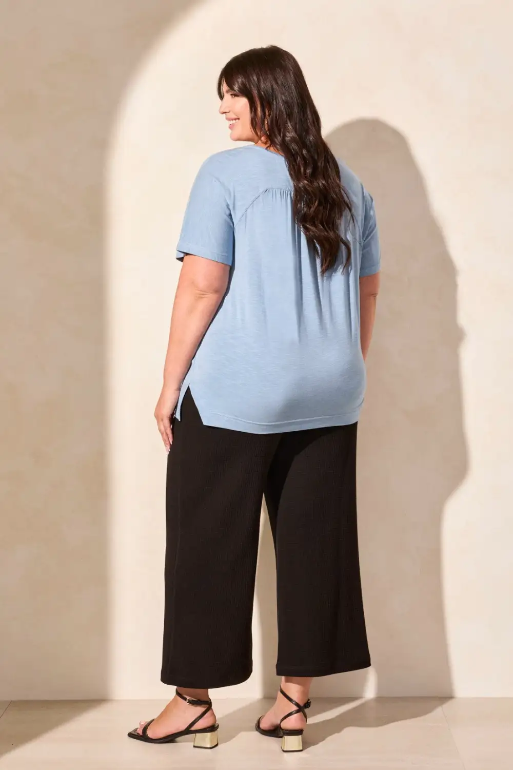 FLOWY JERSEY CREW NECK TOP WITH SHIRRED BACK-Scubablue