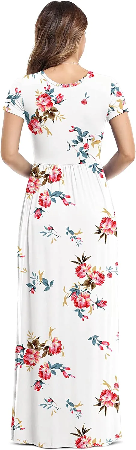 Women's Short Sleeve Loose Plain Maxi Dresses Casual Long Dresses with Pockets