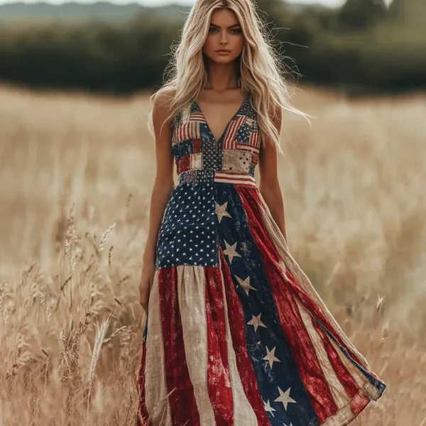 Vintage Independence Day America Flag Patchwork Print Linen Tank Maxi Dress