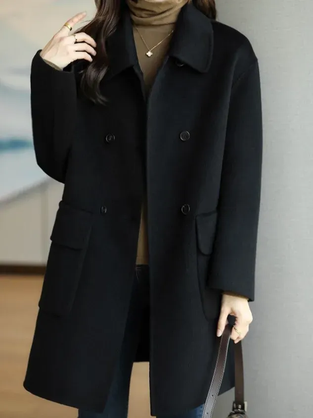Shawl Collar Long Sleeve Plain Buckle Heavyweight Loose Coat For Women