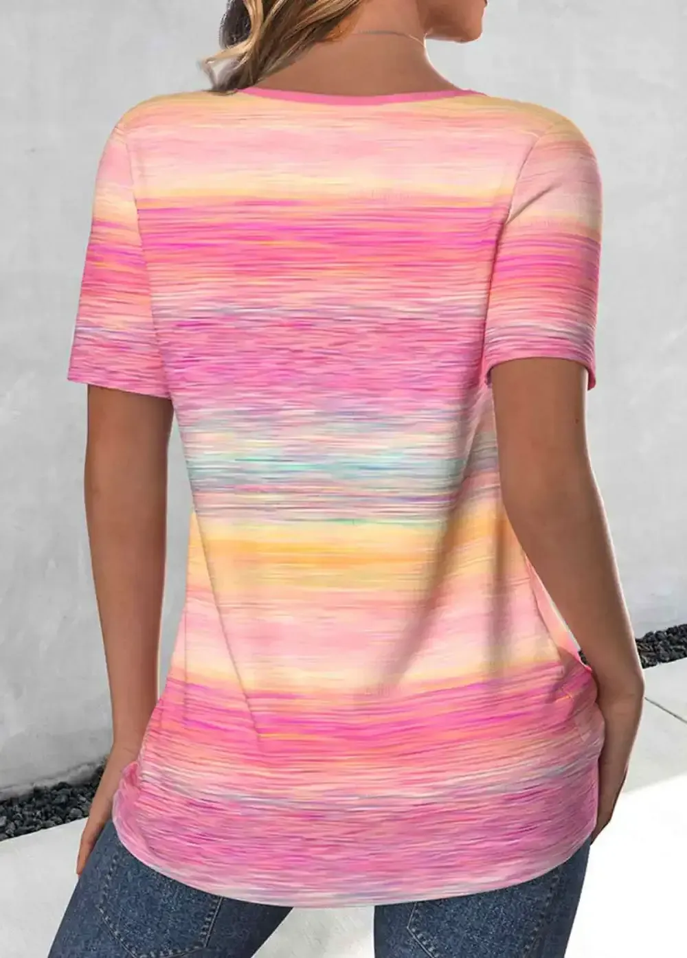 Pink Button Ombre Short Sleeve Round Neck T Shirt