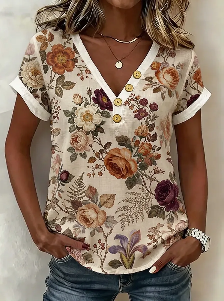 Women's Nashville Floral Botanical Printed V-Neck Button Top