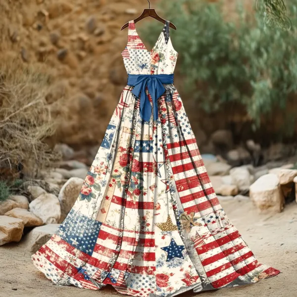 Women's Vintage Independence Day Flag Patchwork Sleeveless Midi Dress