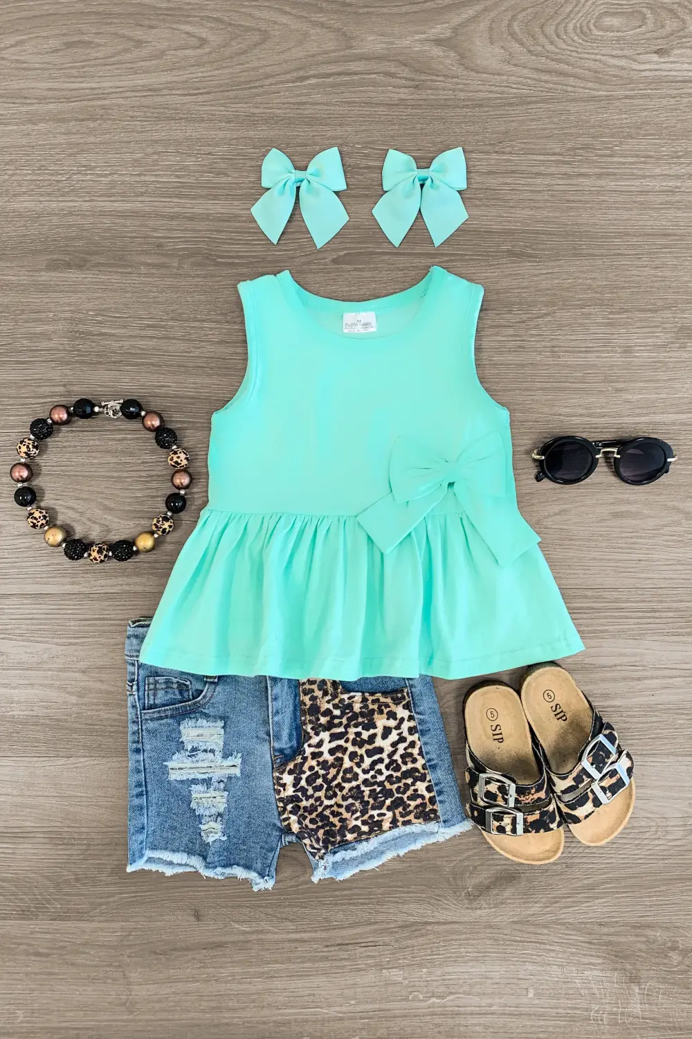 Mint Leopard Distressed Denim Short Set