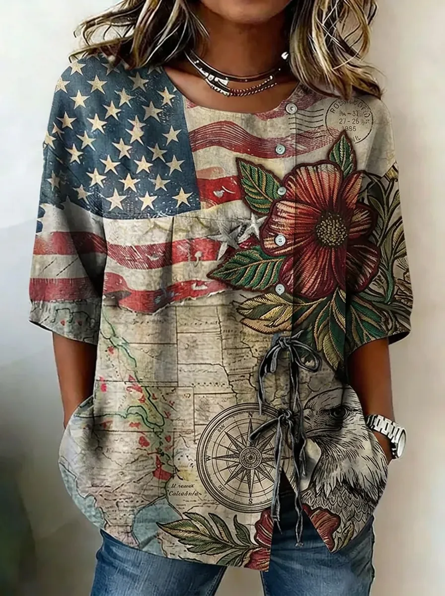 Women's Nashville USA Flag Floral Eagle Map Printed Top