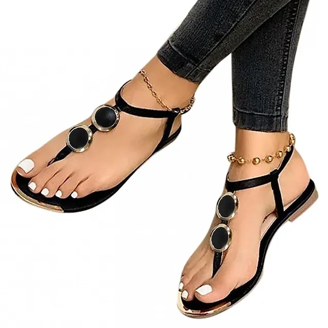 Women's Sandals Boho Bohemia Beach Flat Sandals Barefoot Sandals Daily Beach Summer Buckle Flat Heel Round Toe Open Toe Vintage Classic Casual Faux Leather T-Strap Solid Colored Black White Gold
