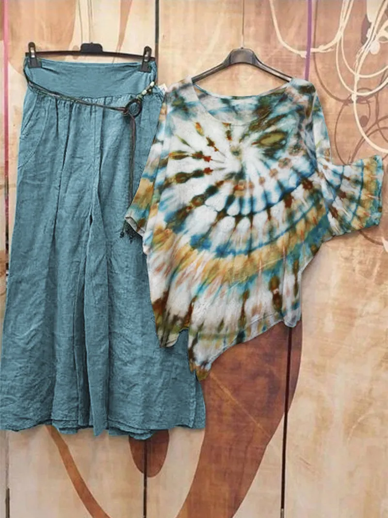 Women's tie dyed cotton and linen pants set, two-piece set 02