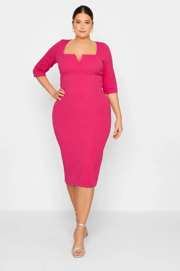 LTS Tall Bright Pink Notch Neck Midi Dress