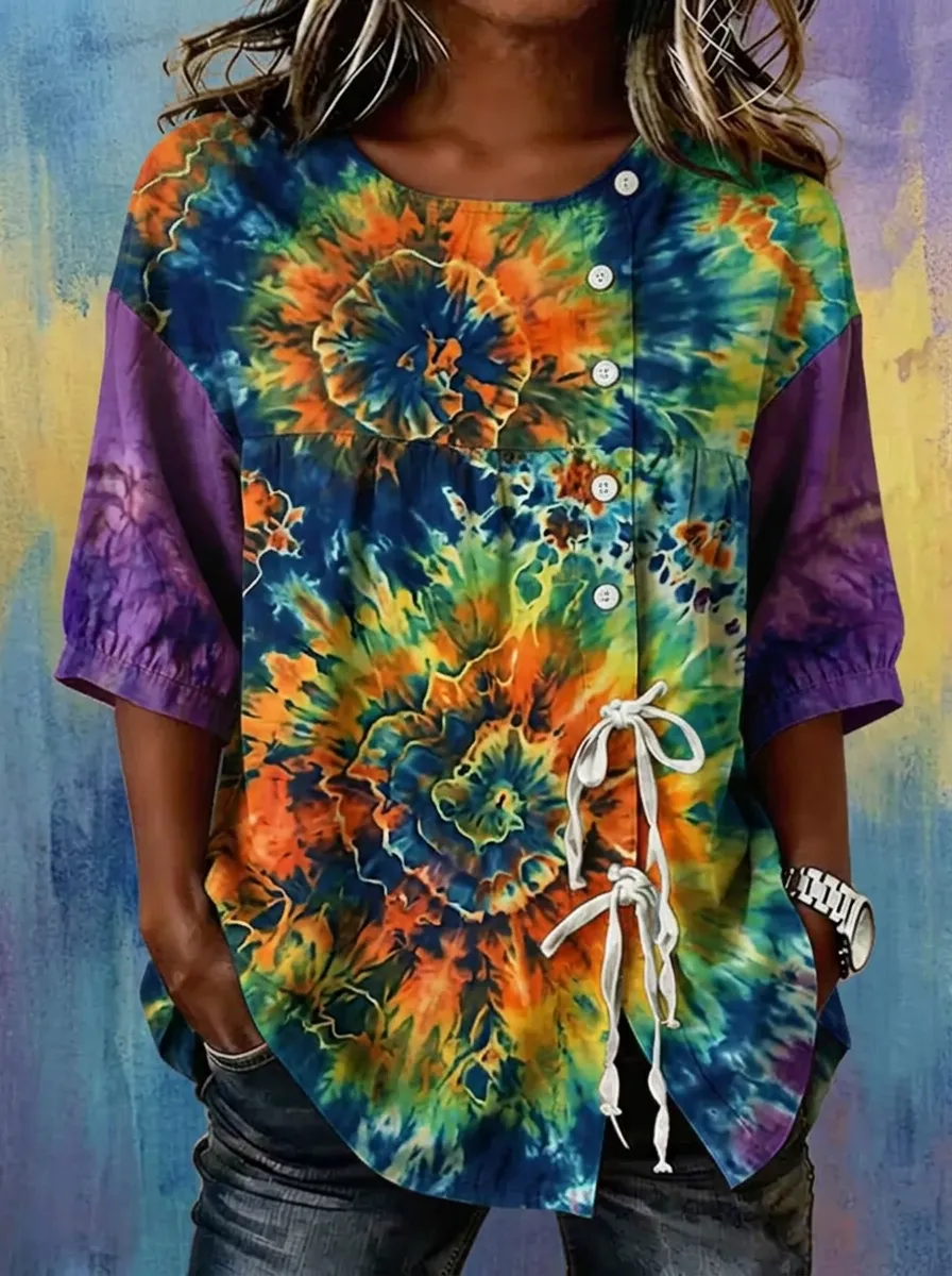 Women's Nashville Music Lover Tie-Dye Printed Button-Up Top