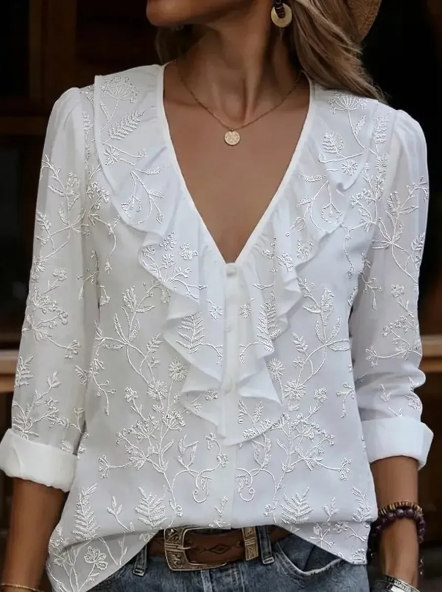 Women's Nashville Floral Embroidered Ruffle V-Neck Blouse