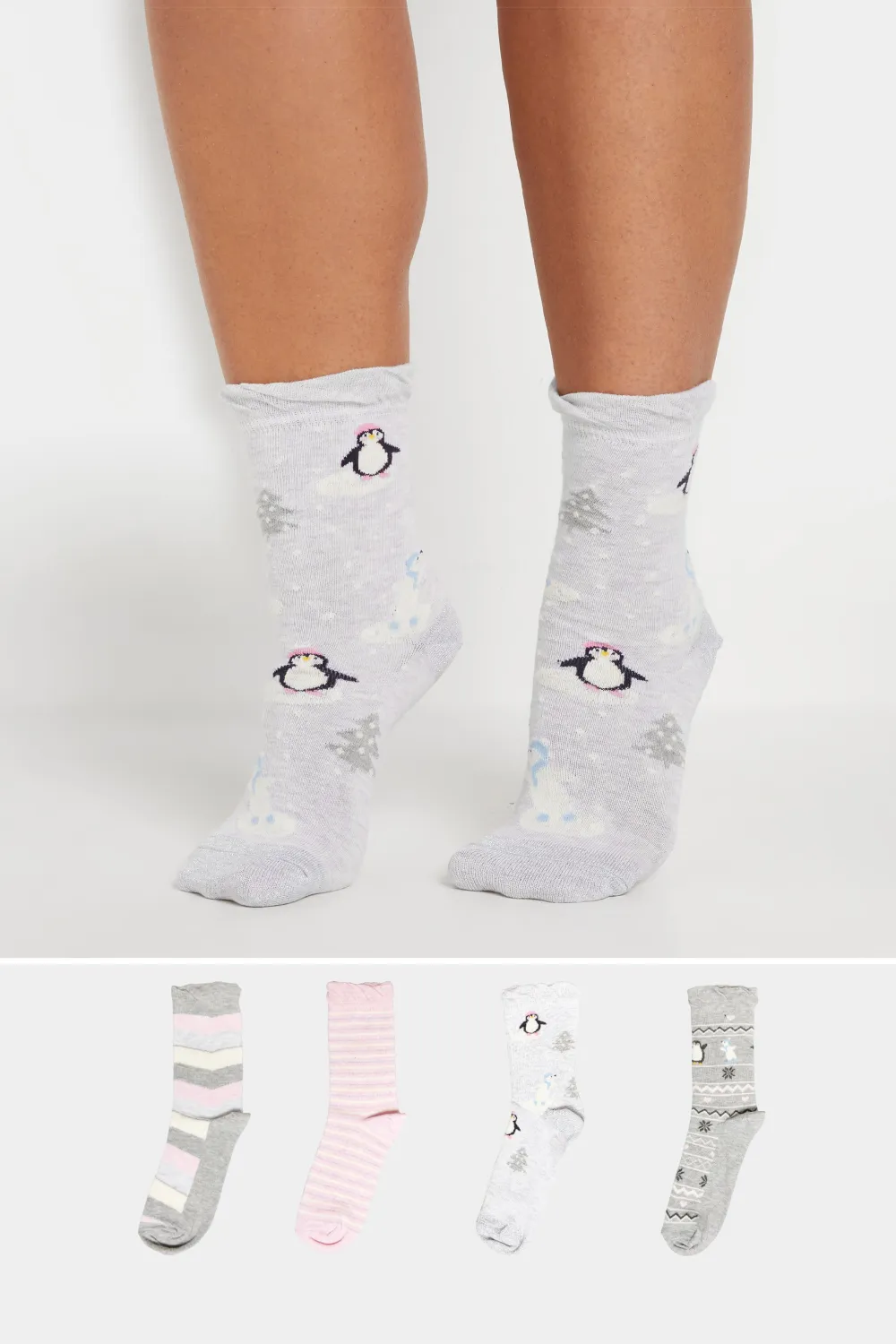 4 PACK Blue & Grey Novelty Penguin Print Ankle Socks