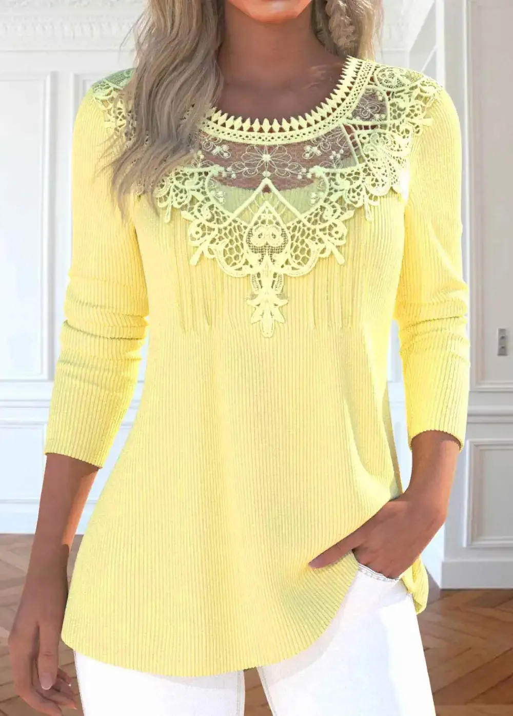 Light Yellow Patchwork Long Sleeve Round Neck T Shirt