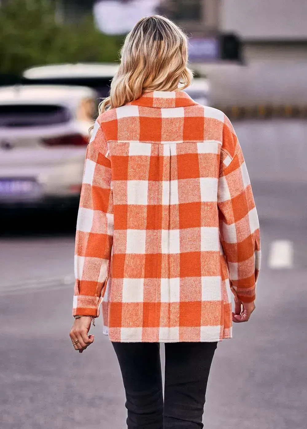 Women's 2023 Fall Clothes Plaid Shacket Jacket Long Sleeve Button Down Flannel Shirts Fashion Blouse