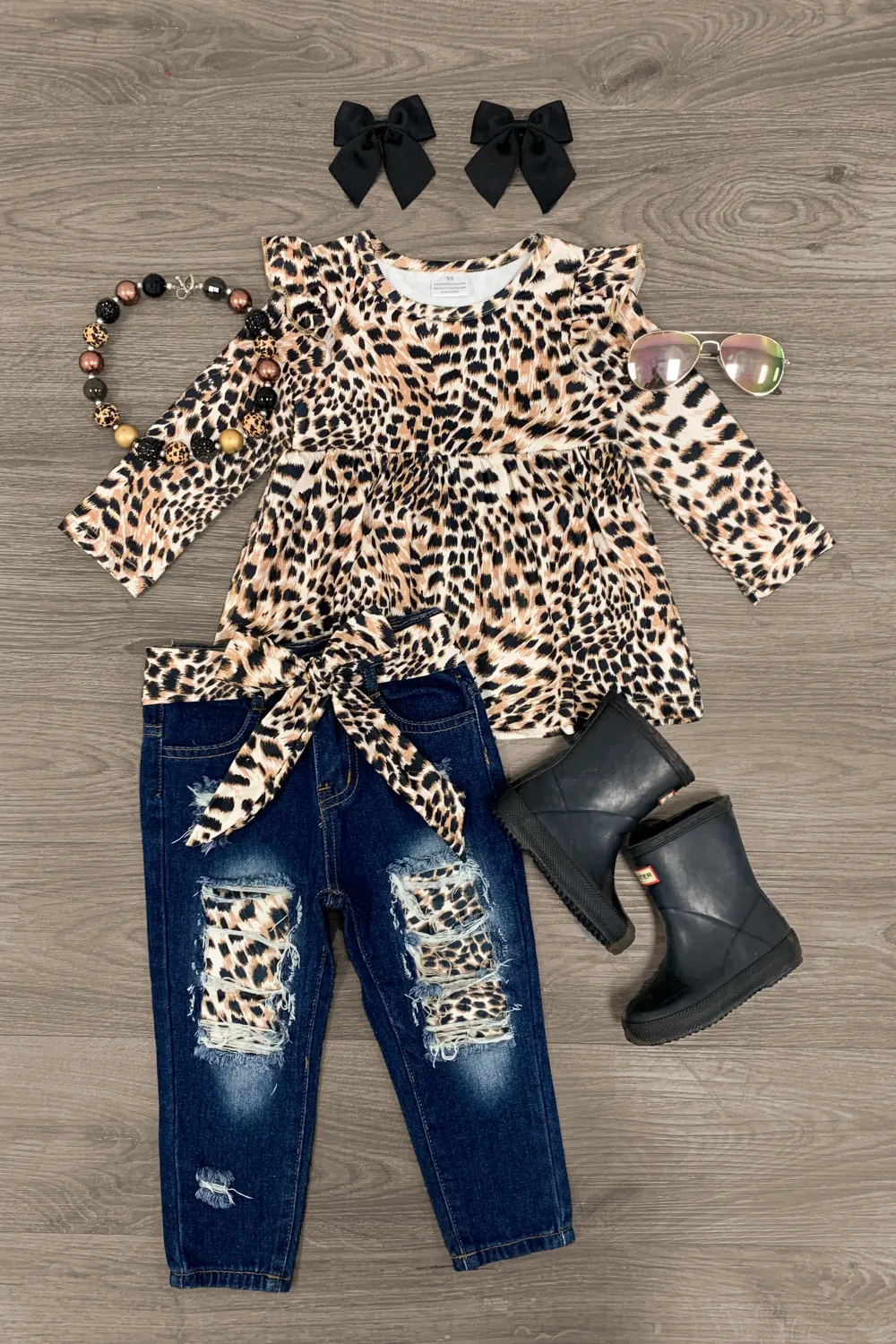 Cheetah Print Distressed Denim Pant Set