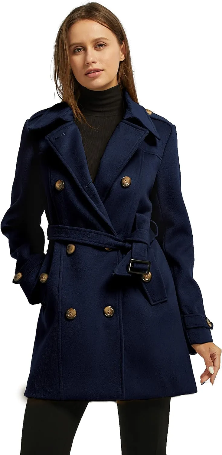 Women's Double Breasted Pea Coat Winter Mid-Long Trench Coat with Belt