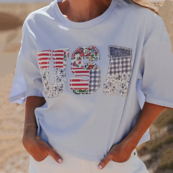 Women's Vintage The Floral Usa Patchwork Independence Day T-shirt
