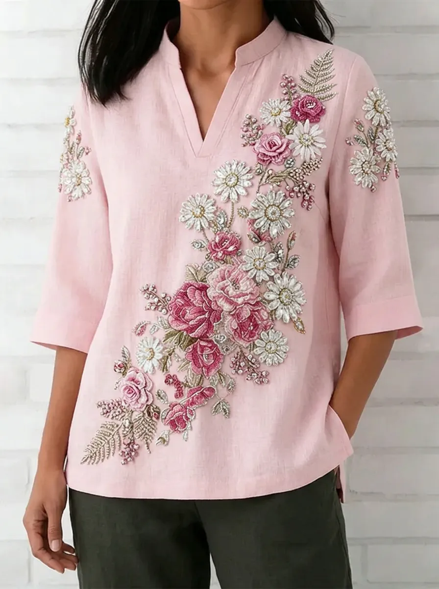 Women's Nashville Floral Embroidered V-neck Linen Top