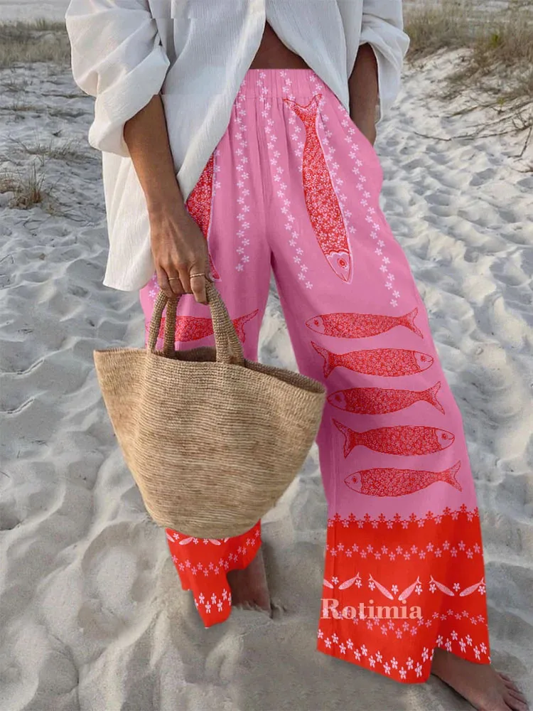 Women'S Retro Fish Pattern Unique Ocean Print Elastic Waist Loose Pocket Casual Pants
