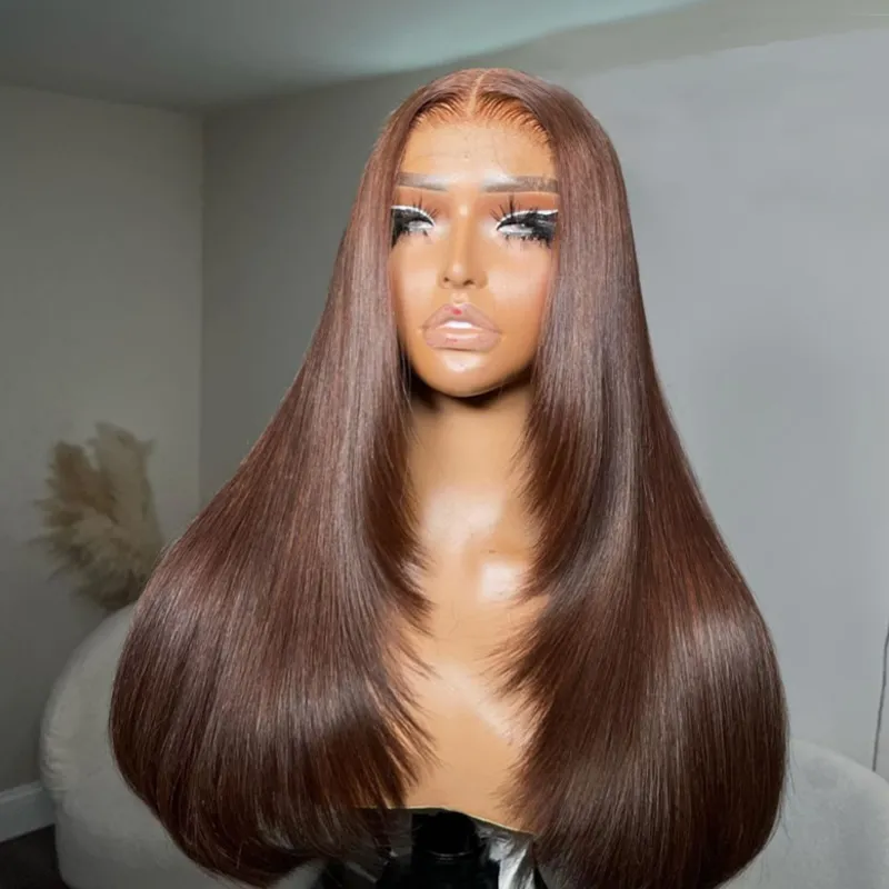 Chocolate Brown Raw Hair Super Double Drawn Layered 13×6 Straight Human Hair Wigs 250% Density