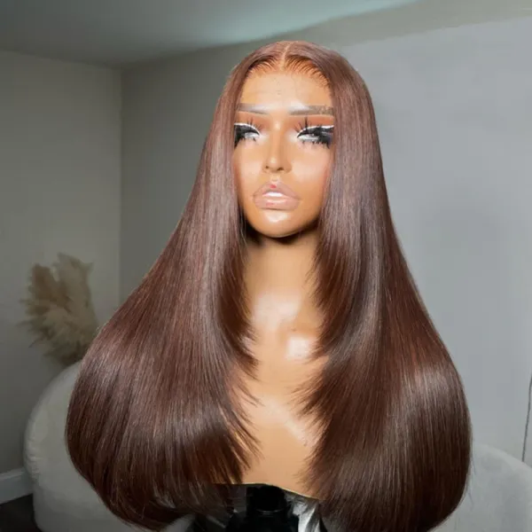 Chocolate Brown Raw Hair Super Double Drawn Layered 13×6 Straight Human Hair Wigs 250% Density