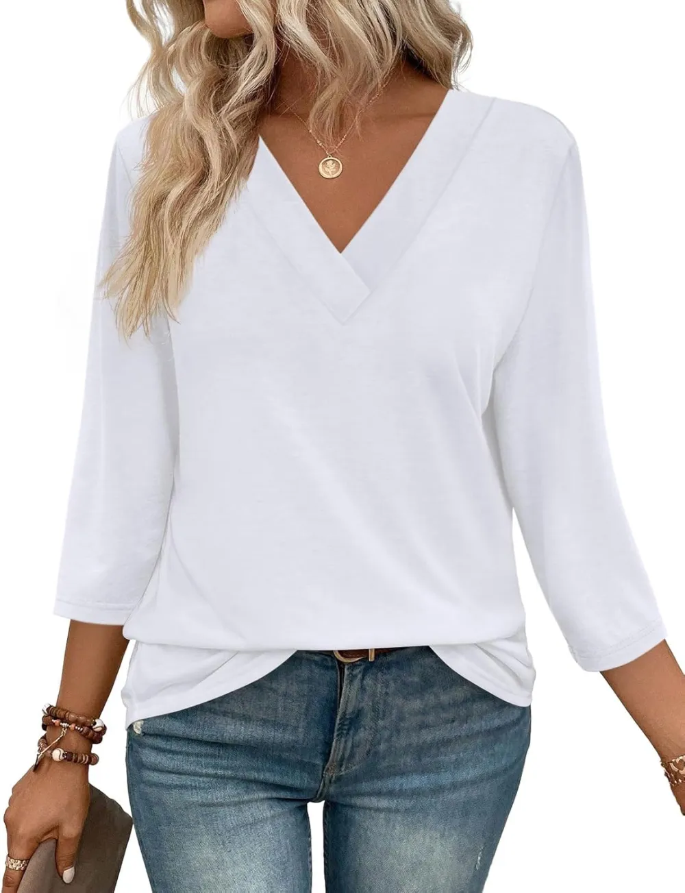 ⏰Hot Sale-Women's V Neck 3/4 Long Sleeve Tops Loose Fit Blouse