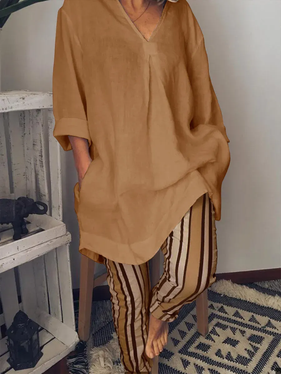 Women's V-neck Long Version Tee And Heavy Stripe Pants Suits