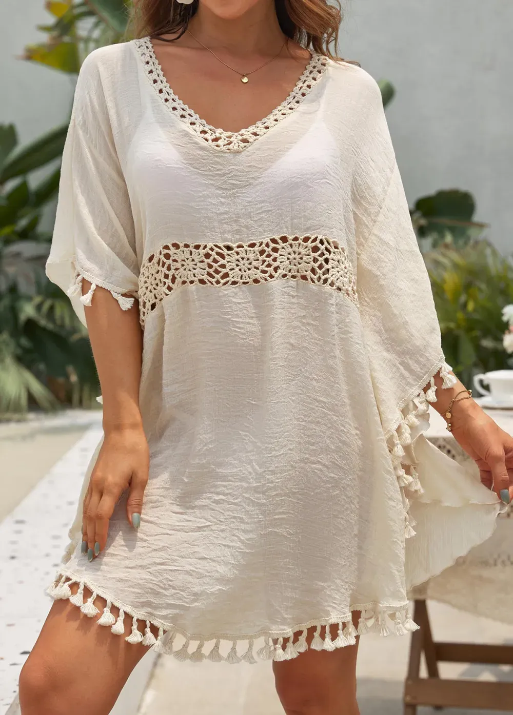 Patchwork Beige Tassel Detail Cover Up