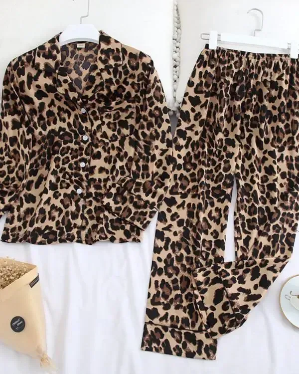 Long Sleeve Pajamas Ice Silk Printing Fashion Sleepwear Set