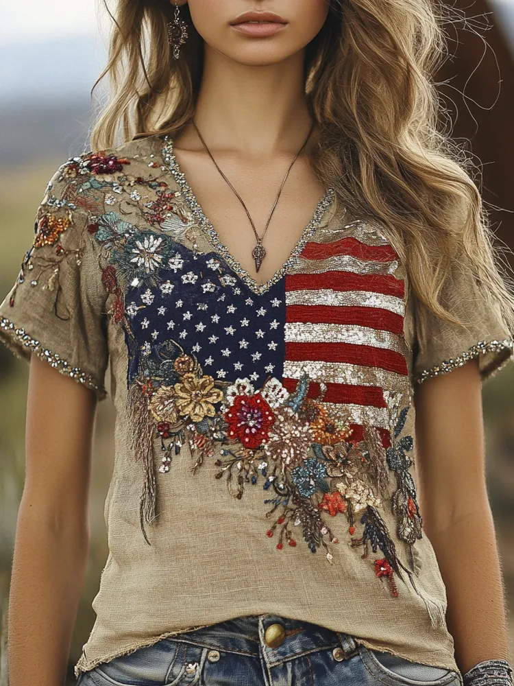 Boho Vintage Sequin Floral Independence Day Women's V-neck T-shirt