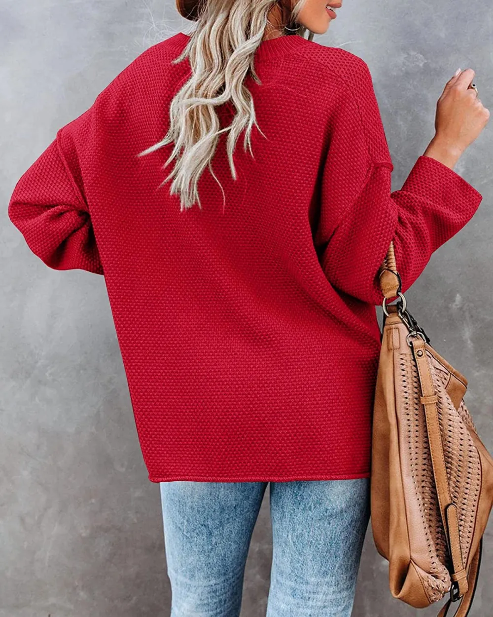 Women's Oversized Sweaters Batwing Long Sleeve Loose V Neck Button Henley Tops Pullover Knit Jumper