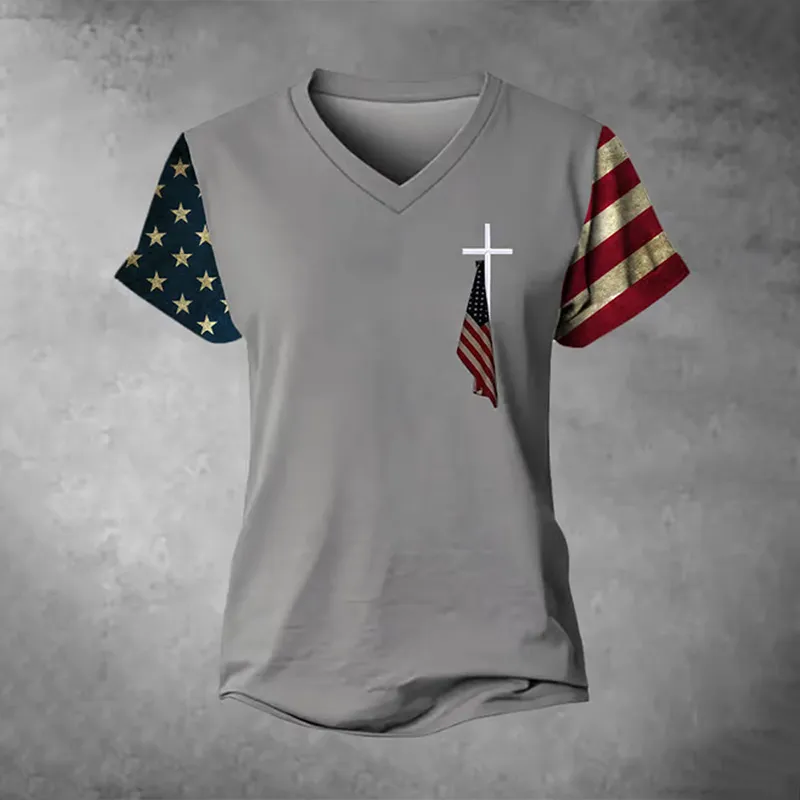 Women's Flag Cross Print V-neck T-shirt