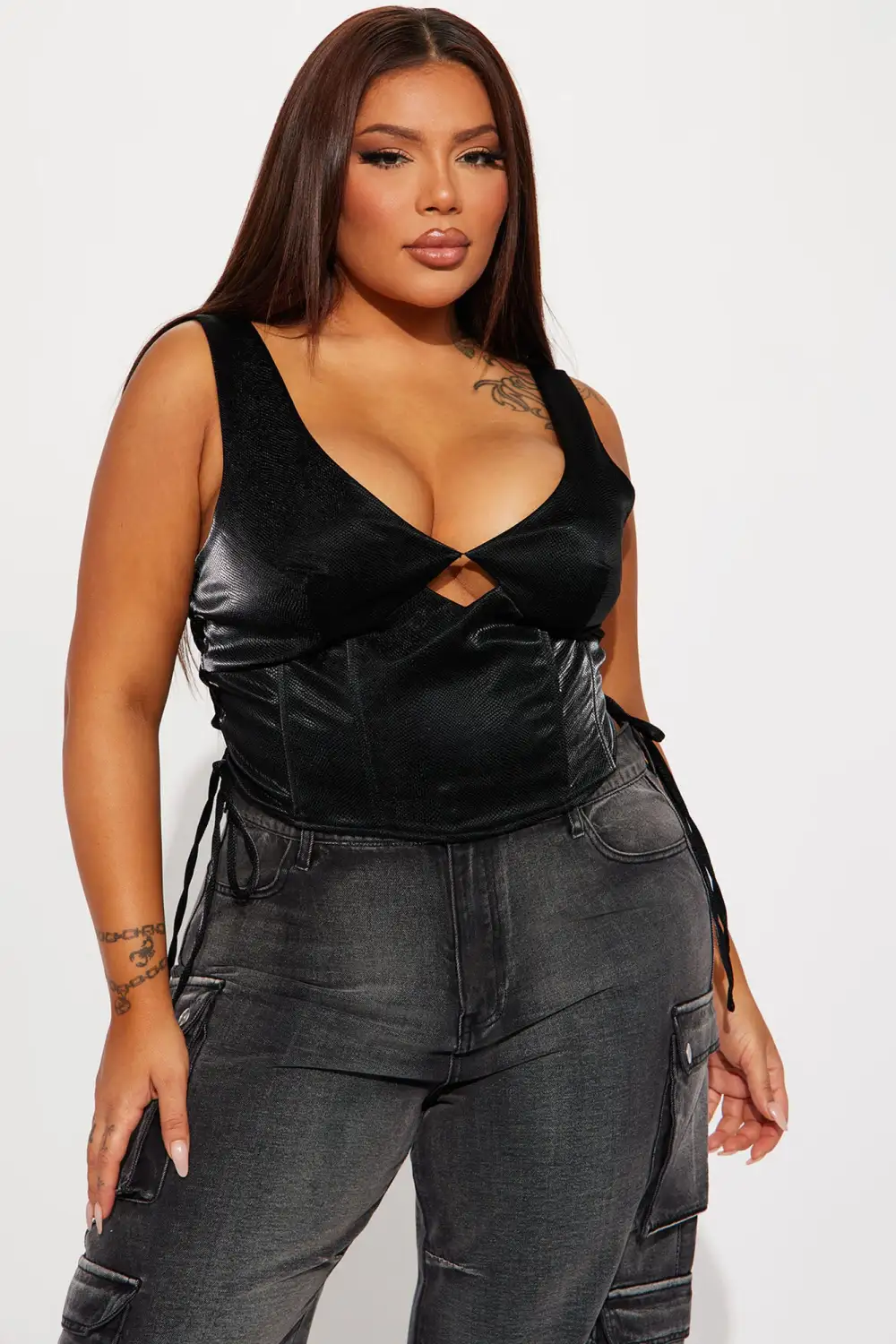 Maebri Faux Leather Corset Top - Black