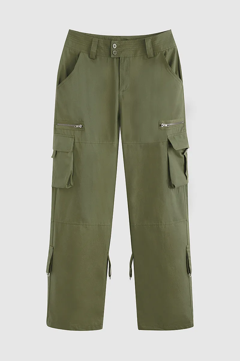 Flap Pocket Zip Detail Straight Leg Cargo Pants