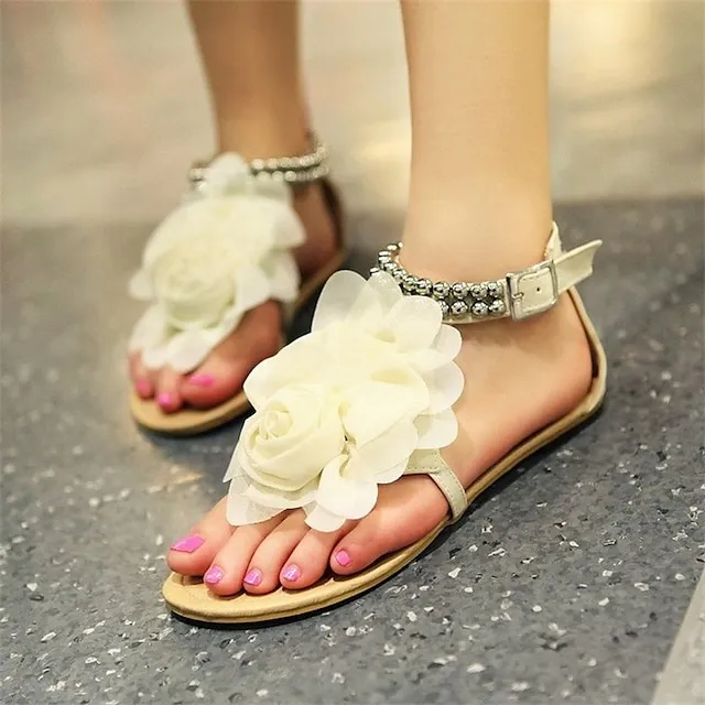 Women's Sandals Boho Bohemia Beach Flat Sandals Daily Summer Flower Flat Heel Open Toe Sweet PU Leather Buckle Solid Colored Pink Blue Beige