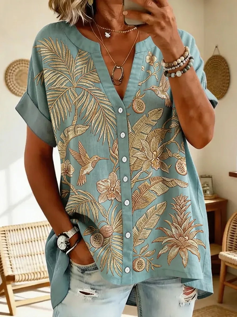 Women's Nashville Tropical Hummingbird Pineapple Printed Button-up Shirt