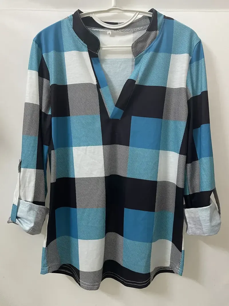 Casual Plaid Shirt, Long Sleeve V-neck Shirt, Casual Every Day Tops, Women's Clothing