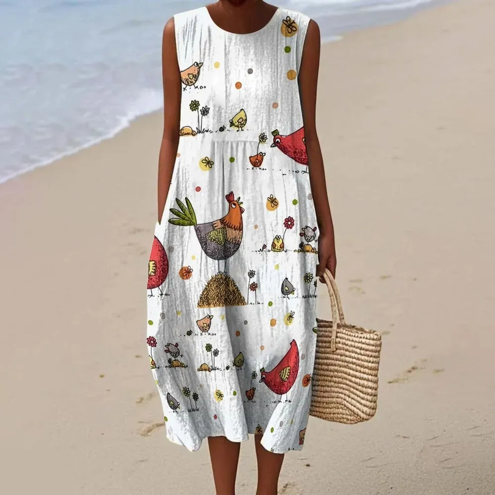 Cute Chick Print Sleeveless Cotton Pocket Wrap Dress forWomen