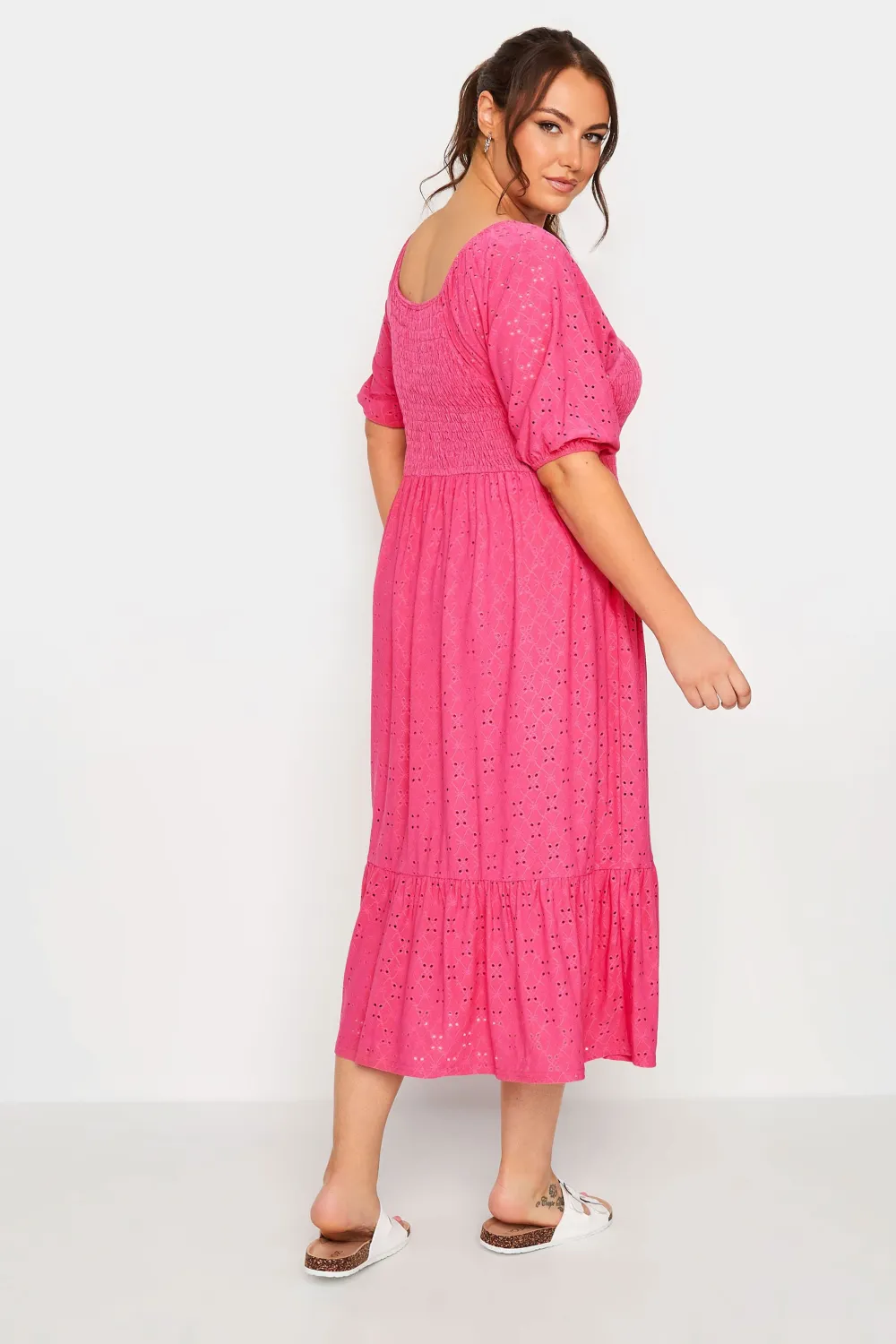 YOURS Curve Pink Shirred Broderie Anglaise Midaxi Dress