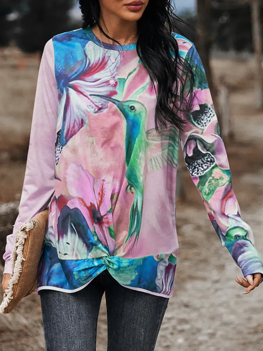 Women Casual Long Sleeves Printed Crew Neck T-shirts