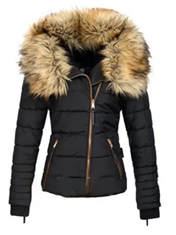 Faux fur collar zipper patchwork women's coat