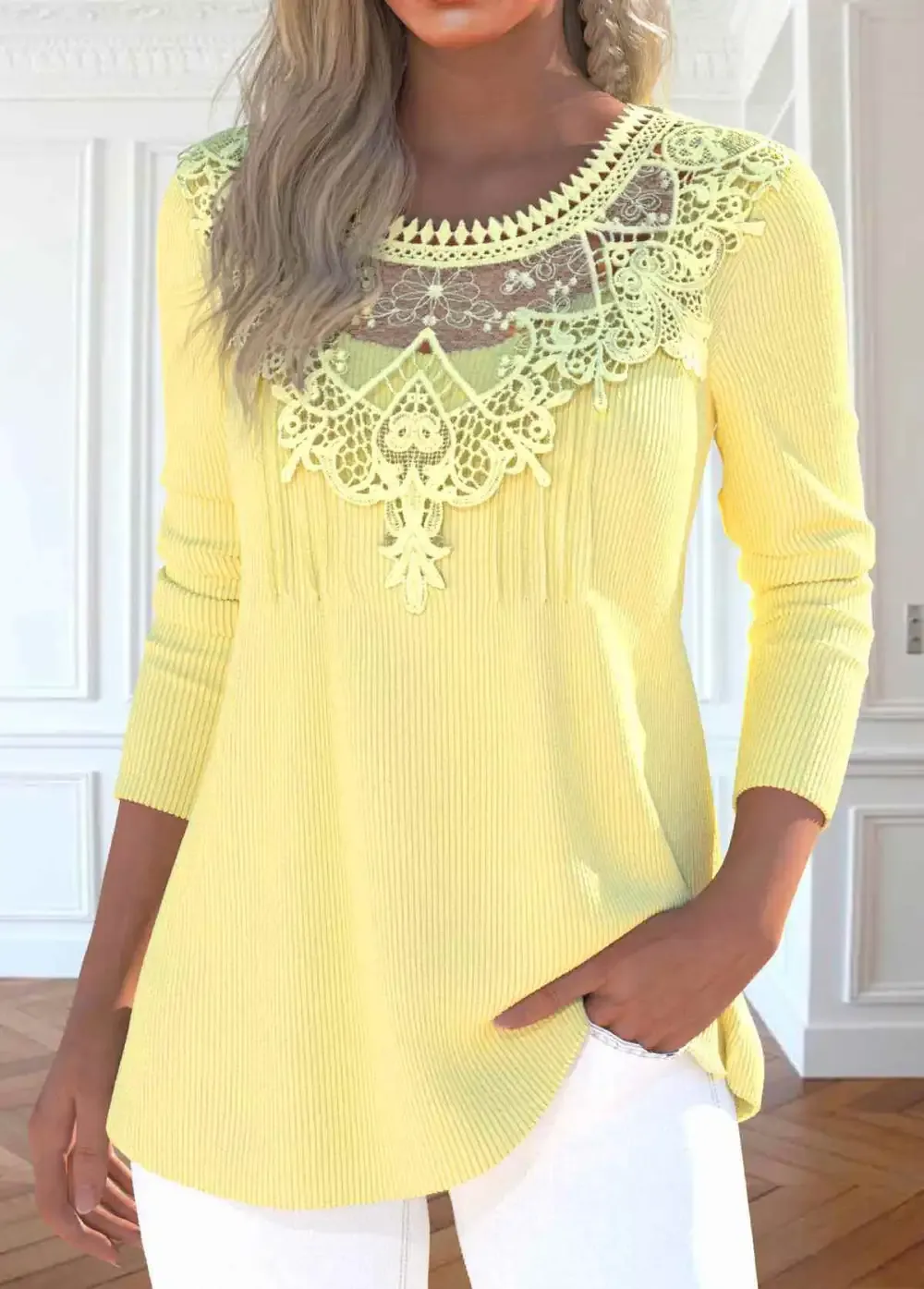 Light Yellow Patchwork Long Sleeve Round Neck T Shirt