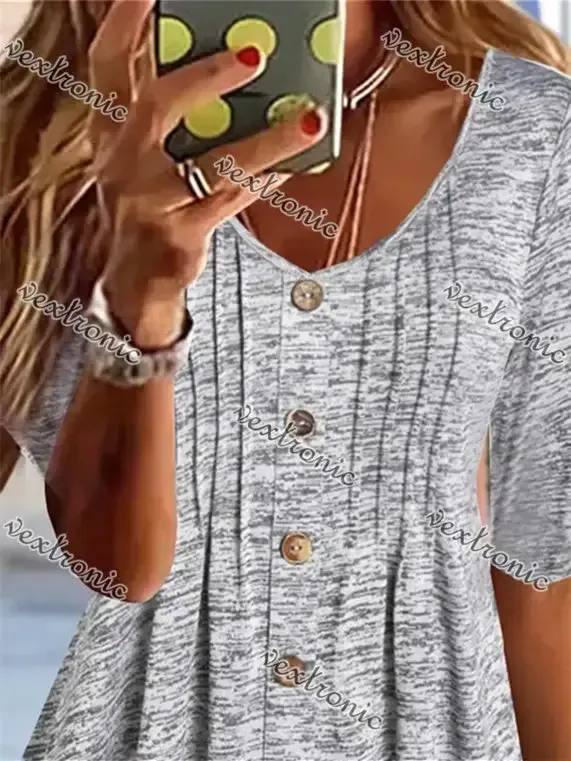 Women's Gray Half Sleeve V-neck Buttons Top