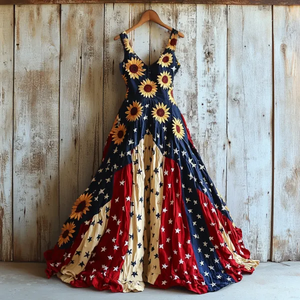 Women's Vintage Independence Day Flag Sunflower Art Linen Midi Dress