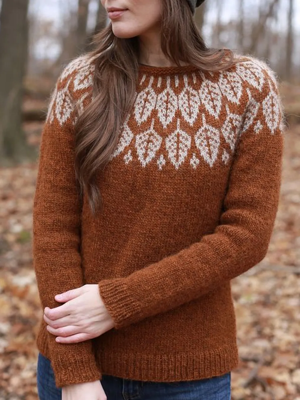 Knitted Printed Casual Crew Neck Sweater