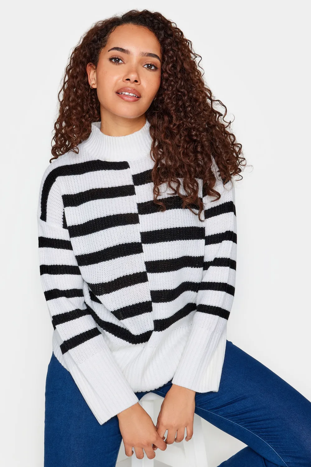 M&Co White & Black Contrast Stripe Turtle Neck Jumper