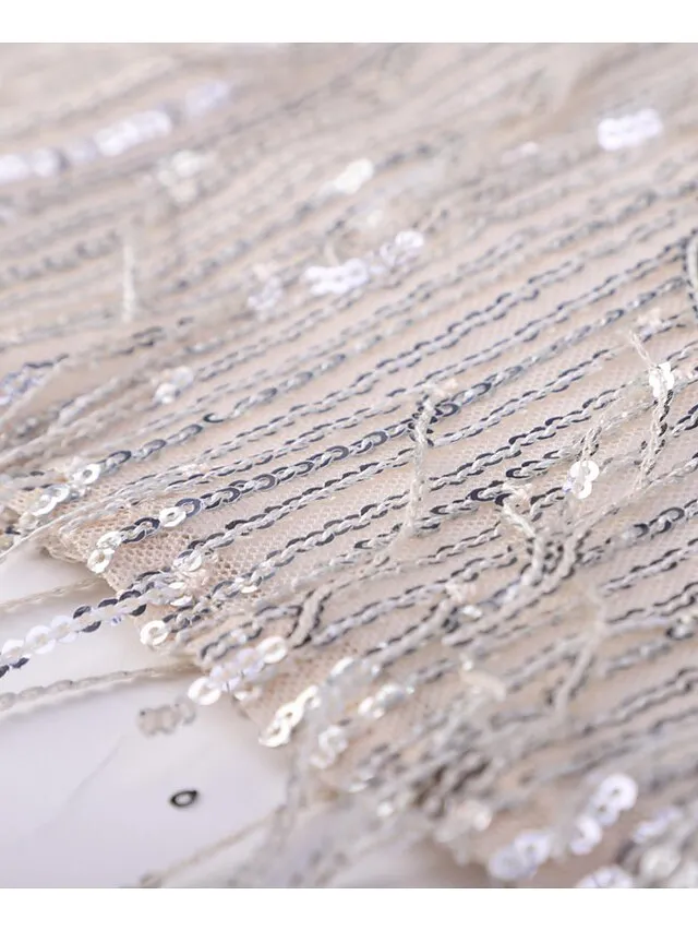 Women's Silver Sequin Dress Fringe Dress Party Dress Sparkly Dress Mini Dress Silver Sleeveless Spring V Neck Stylish Wedding Guest
