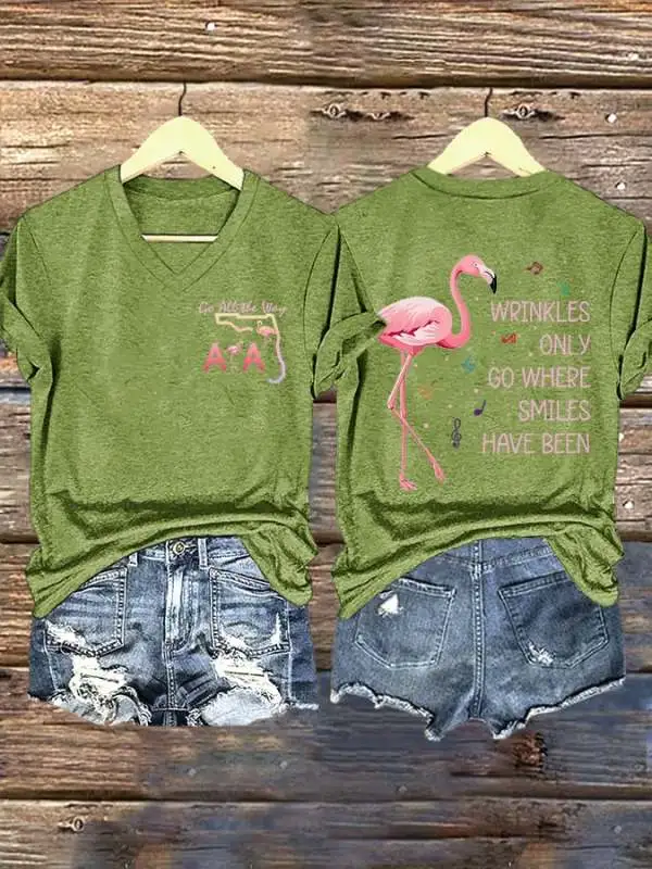 V Neck Retro Florida Road Flamingo Beach Go All The Way Wrinkles Only Go Where Smiles Have Been Print T-Shirt